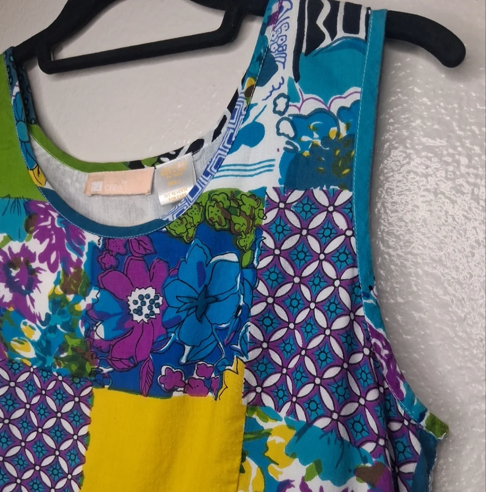 La Cera Patchwork Floral Shift Dress Boho Festival Cotton Summer Resortwear Sz S